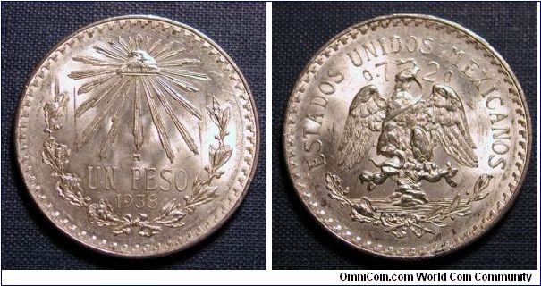 1938 Mexico Peso
16.66g
.720 Silver
Mexico City Mint
Mintage 30,000,000