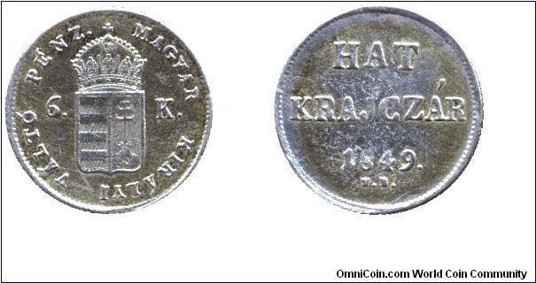 Hungary, 6 krajcar, 1849, Ag, Coin from the period of Independence War.                                                                                                                                                                                                                                                                                                                                                                                                                                             