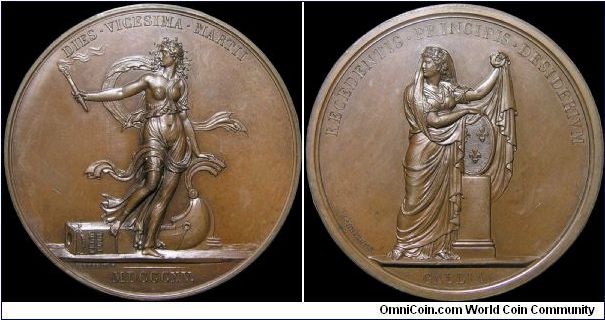 Louis XVIII quitte Paris, France.

This is a royalist medal depicting France's sorrow at the departure of Louis XVIII.
A slutty woman, in the midst of a bad hair day, named Discord, steps off the boat, kicks over 'Public Felicity' and probably immediately shouted 'Where's the vino?'
On the other hand we have Mom, impeccably dressed, in the process of protecting the fleur-de-lys from the ruffian off the boat. Mom is named Gallia and as such we realize that she is the true 'France'.           