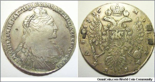 Russia 1736 1 ruble. Clear details of Anna, a real pity that this coin was made into a brooch. Nevertheless, the obverse side shows very strong details.