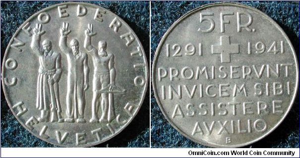 5 francs
Ag 835 15g
Commemorative
650th anniv. CH