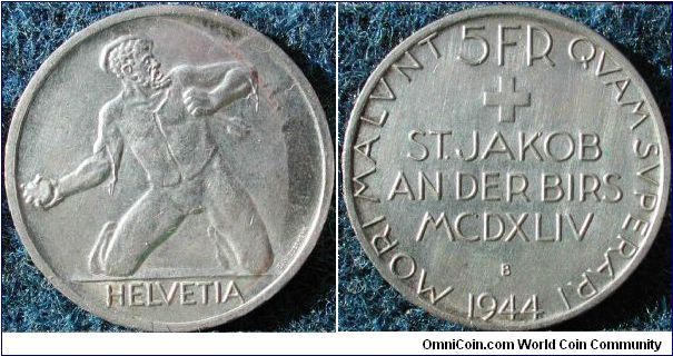 5 francs
Ag 835 15g
commemorative
500th anniv. St Jakob battle