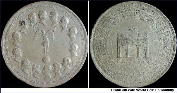 Ouverture du congrès de Vienne, Austria.

At 76mm this scarce tin medal is huge for the time. It suffers from the usual tin pest and incomplete strike. The Congress of Vienna has its participants on the obverse and a list of Allied 'victories' on the reverse. Not all of the victories qualify as such to the modern observer.                                                                                                                                                                              