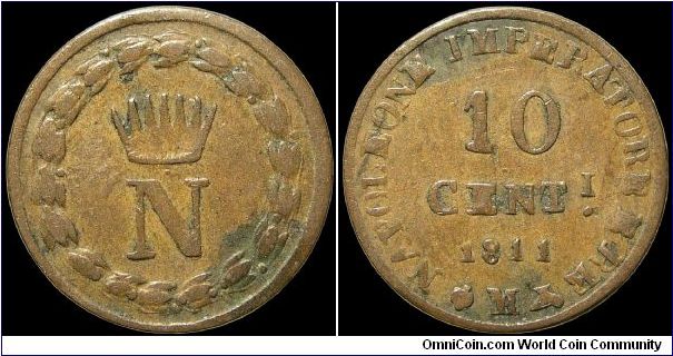 10 Centesimi, Napoleonic Kingdom of Italy.

Milan mint. Possibly a contemporary counterfeit.                                                                                                                                                                                                                                                                                                                                                                                                                      