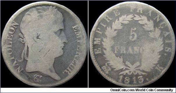 5 Francs.

Bordeaux mint. The obverse scratches probably were made after the wars were over.                                                                                                                                                                                                                                                                                                                                                                                                                      