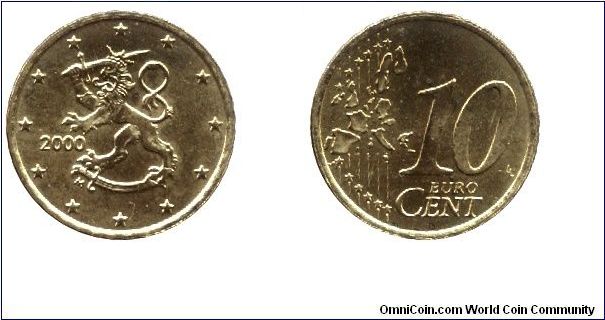 Finland, 10 cents, 2000, Cu-Al-Zn-Sn
.                                                                                                                                                                                                                                                                                                                                                                                                                                                                             