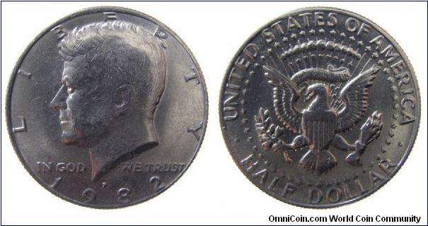 1982-P Kennedy Half Dollar - No 'FG', die polishing removed the designer's initials.