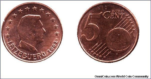 Luxembourg, 5 cents, 2002, Cu-Steel.                                                                                                                                                                                                                                                                                                                                                                                                                                                                                