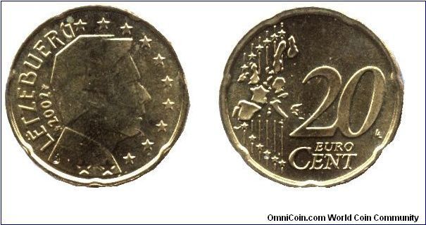Luxembourg, 20 cents, 2002, Cu-Al-Zn-Sn.                                                                                                                                                                                                                                                                                                                                                                                                                                                                            