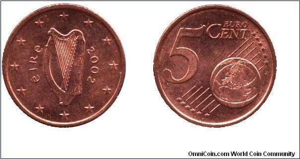 Ireland, 5 cents, 2002, Cu-Steel.                                                                                                                                                                                                                                                                                                                                                                                                                                                                                   