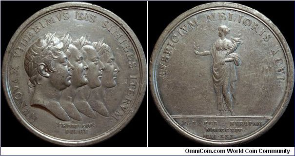 The Peace of Paris, Great Britain.

The obverse translates to 'We shall never see their like again'. The reverse says 'The commencement of a better era / Peace throughout Europe, 1814 May 30'. An extremely popular medal with the British public: 'the die was literally worn out in striking for the demand'.                                                                                                                                                                                                 