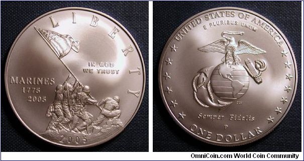 2005 Marine Corps 230th Anniversary Silver Dollar 
Mintage (max.): 600,000
the Secretary exercised his authority (for the first time) to increase the legislated maximum mintage (500,000) to 600,000.
U.S. Mint Facility: Philadelphia
Public Law: 108-291

Obverse
Engraver: Norman E. Nemeth
Description: Historic flag raising on Iwo Jima, Inscriptions: Marines, 1775, 2005