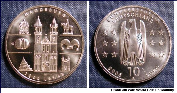 2005-A Germany 10 Euro,dedicated to the city jubilee of Magdeburg. Founded in 805.  Silver.