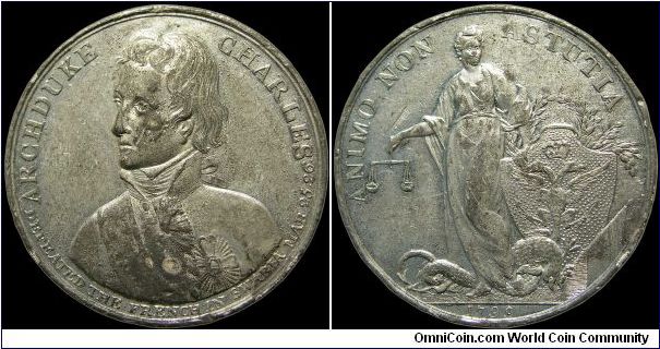 Victoire de Stockach sur le général Jourdan, Great Britain.

It is unusual to have a medal that was obviously produced in Great Britain but not listed in British Historical Medals. Charles was the most effective of Napoleon's opponents until he retired after the 1809 campaign.                                                                                                                                                                                                                             
