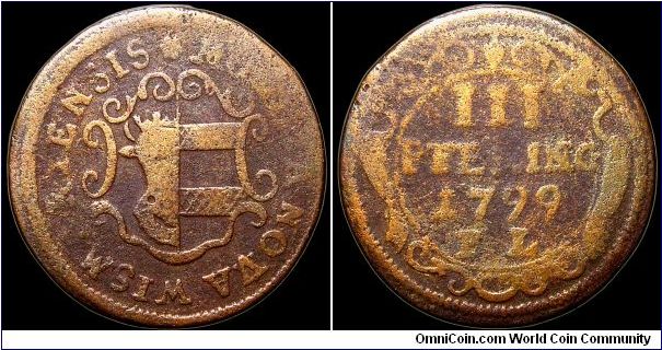3 Pfening, Wismar.

Wismar is a city on the Baltic Sea, formerly a member of the Hanseatic League and at the time of this coin was owned by Sweden. Four years later, in 1803, it was sold to Mecklenburg-Schwerin. It continued minting 3 pfening pieces until 1854.                                                                                                                                                                                                                                             