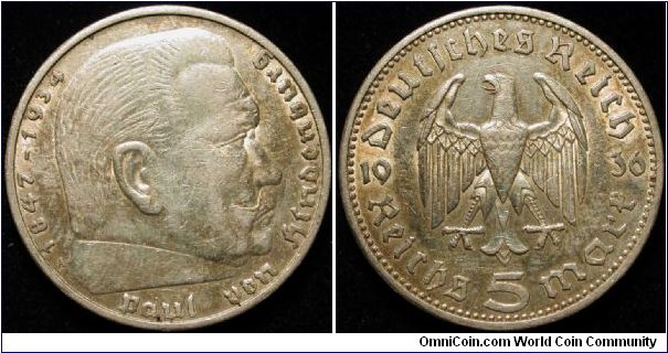 5 Reichsmark
Ag 900 13.8g
Hindenburg
A