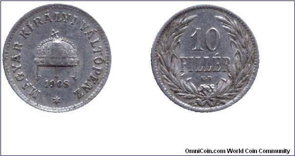 Hungary, 10 fillér, 1908, Ni, MM: KB (Kremnitz - Körmöcbánya).                                                                                                                                                                                                                                                                                                                                                                                                                                                      