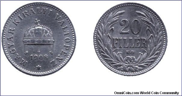 Hungary, 20 fillér, 1908, Ni.                                                                                                                                                                                                                                                                                                                                                                                                                                                                                       