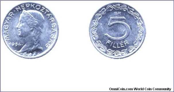 Hungary, 5 fillér, 1964, Al, People's Republic of Hungary.                                                                                                                                                                                                                                                                                                                                                                                                                                                          