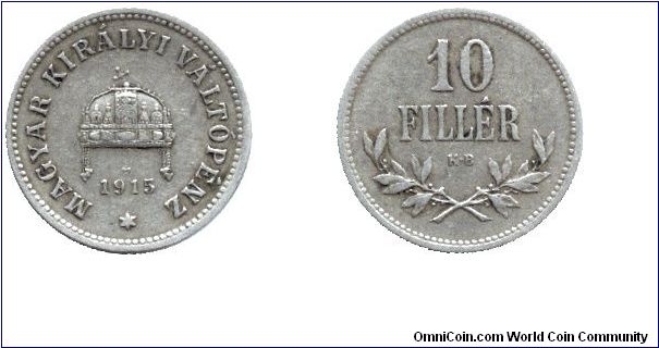 Hungary, 10 fillér, 1915, Cu-Ni-Zn.                                                                                                                                                                                                                                                                                                                                                                                                                                                                                 