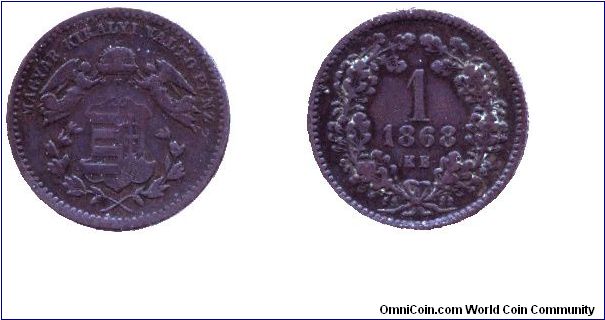 Hungary, 1 krajcár, 1868, Cu. MM: KB.                                                                                                                                                                                                                                                                                                                                                                                                                                                                               