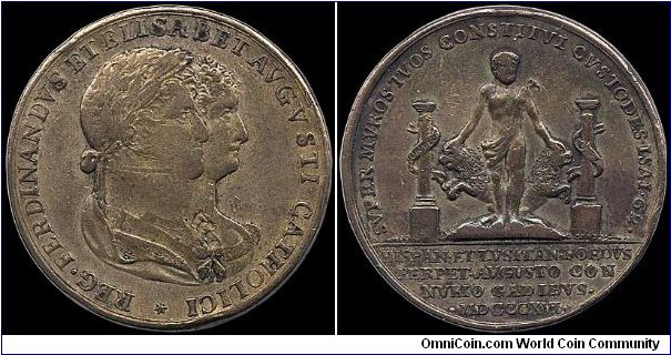 Marriage Medal, Spain.

This appears to be a marriage medal commemorating the wedding of Ferdinand VII of Spain and Elisabeth of Portugal in 1816. This unfortunate lady was one of three wives that died without giving birth. He had a total of four.                                                                                                                                                                                                                                                           