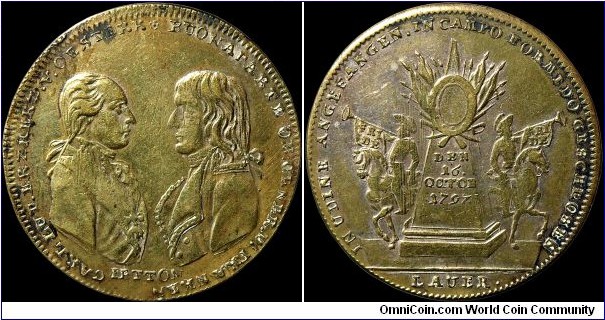 1797 Treaty of Campo Formio, France.

A scarce jeton, large at 33mm and unusual in that it is the only one I know that features both Archduke Charles of Austria and General Napoleone Buonaparte.                                                                                                                                                                                                                                                                                                                     