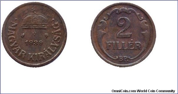 Hungary, 2 fillér, 1939, Bronze, Kingdom of Hungary.                                                                                                                                                                                                                                                                                                                                                                                                                                                                