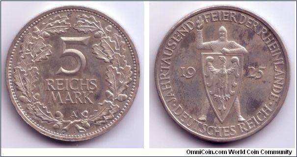 Weimar - 5 Reichsmark Belin (A) - 1000 years Rheinlande - uncleaned Proof