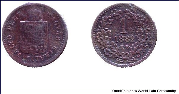 Hungary, 1 krajcár, 1882, Cu, Austro-Hungarian Monarchy, Franz Joseph I.                                                                                                                                                                                                                                                                                                                                                                                                                                            