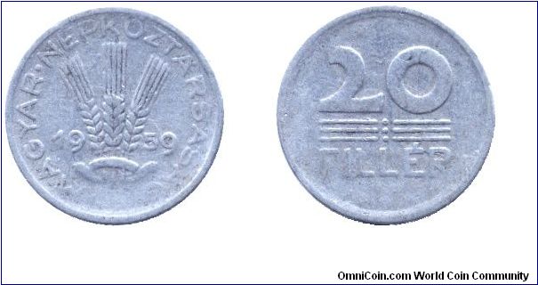 Hungary, 20 fillér, 1959, Al, People's Republic of Hungary.                                                                                                                                                                                                                                                                                                                                                                                                                                                         