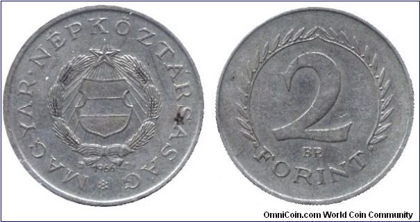 Hungary, 2 forint, 1966, Cu-Ni-Zn, People's Republic of Hungary.                                                                                                                                                                                                                                                                                                                                                                                                                                                    