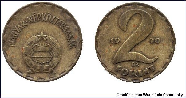Hungary, 2 forint, 1970, Brass, People's Republic of Hungary.                                                                                                                                                                                                                                                                                                                                                                                                                                                       