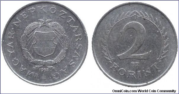 Hungary, 2 forint, 1963, Cu-Ni-Zn, People's Republic of Hungary.                                                                                                                                                                                                                                                                                                                                                                                                                                                    