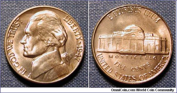 1947-D Jefferson Nickel (Gold Toned)