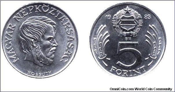 Hungary, 5 forint, 1983, Cu-Ni, Lajos Kossuth Hungarian stateman, People's Republic of Hungary.                                                                                                                                                                                                                                                                                                                                                                                                                     