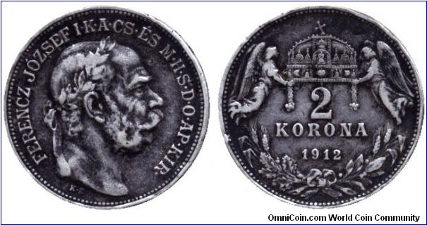 Hungary, 2 korona, 1912, Ag, I. Ferenc József, (King Franz Joseph I).                                                                                                                                                                                                                                                                                                                                                                                                                                               