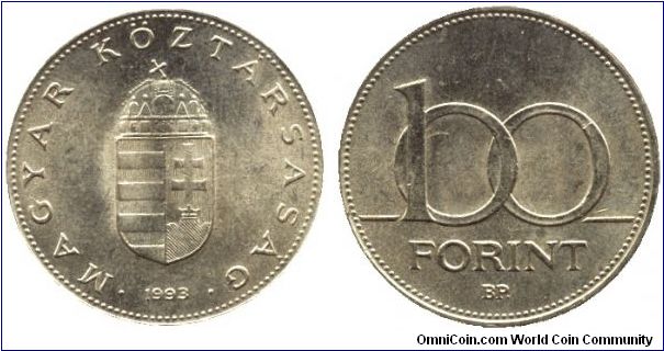 Hungary, 100 forint, 1993, Cu-Ni-Zn, Republic of Hungary.                                                                                                                                                                                                                                                                                                                                                                                                                                                           