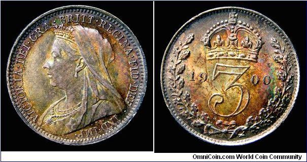 1900 Great Britain Maundy 3 Pence, Queen Victoria Veiled Head. Toned. KM.776/Spink.3945.