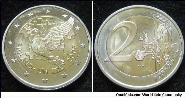 2 euro commemorating 60 years of the UN and 50 years since Finland joined.