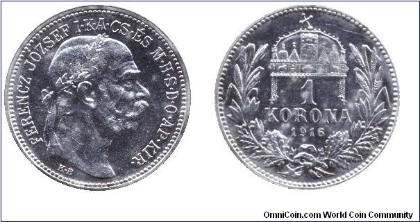 Hungary, 1 korona, 1916, Ag, Franz Joseph I.                                                                                                                                                                                                                                                                                                                                                                                                                                                                        