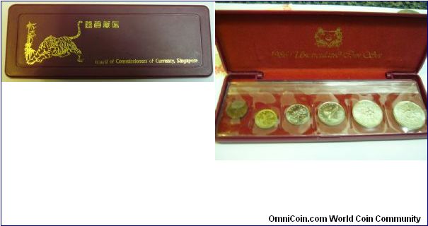 Singapore 1986 Mint set. 1, 5, 10, 20, 50 cents and the scarce 1 dollar coin, which only appears in a mint set. This set is minted for the year of tiger, which was issued by the BCCS, Board of Commissioners of Currency, Singapore.