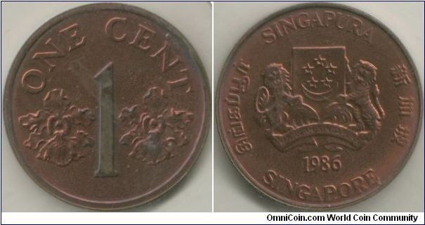 Singapore 1986 1 cent. Metal: Bronze, 1.53g, 15.9mm. Featuring the Arms of Republic of Singapore with the year 1986 with 4 official languages around the circumference of the coins. It also features the national flower Vanda Miss Joaquim, or better known as the orchid.