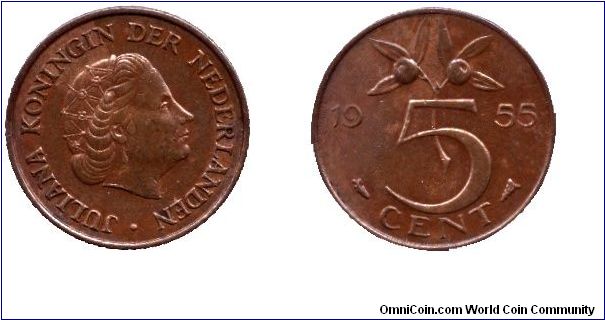 Netherlands, 5 cents, 1955, Bronze, Queen Juliana.                                                                                                                                                                                                                                                                                                                                                                                                                                                                  