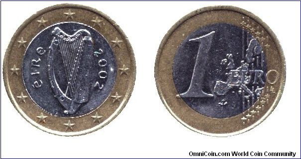 Ireland, 1 euro, 2002, Ni-S-Cu-Ni, bi-metallic.                                                                                                                                                                                                                                                                                                                                                                                                                                                                     