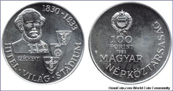 Hungary, 100 forint, 1983, Cu-Ni-Zn, Commemorating the 100th anniversary of the issue of three publications of Count István Széchenyi: Hitel, Világ, Stádium (Credit, World, Stadium).                                                                                                                                                                                                                                                                                                                              