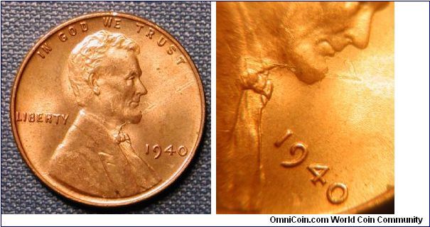 1940 Lincoln wheat cent, error.