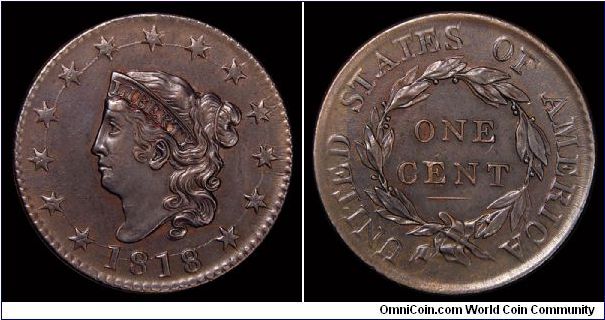 1818 U.S. Large Cent, N-10 Variety. Die break through date and all stars. AU