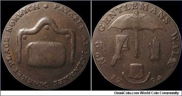 ½ Penny Conder Token. Bell says in Commercial Coins: 'Joseph Clarke was a hatter and hosier at No. 2 Gentleman's Walk, Norwich. 
  The large old-fashioned fur muffs were introduced into England in the sixteenth century, and the long boas considerably later. 
  Stockings were originally made of cloth; silk and knitted worsted ones being inventions of the sixteenth century, and the latter had a duty imposed on them in 1785. Gloves were also invented in the sixteenth century...'                  