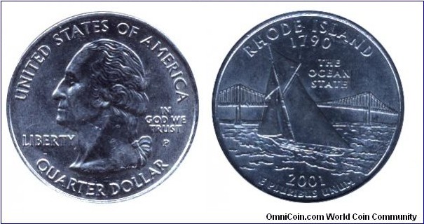 USA, 1/4 dollar, 2001, Cu-Ni, Rhode Island, 1790, The Ocean State, G. Washington, MM: P                                                                                                                                                                                                                                                                                                                                                                                                                             